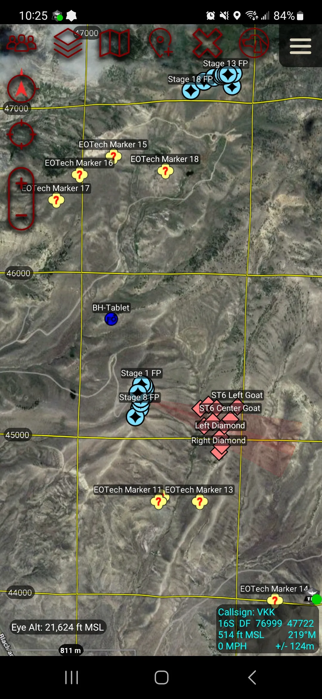ATAK running on Android with markers and a grid overlay