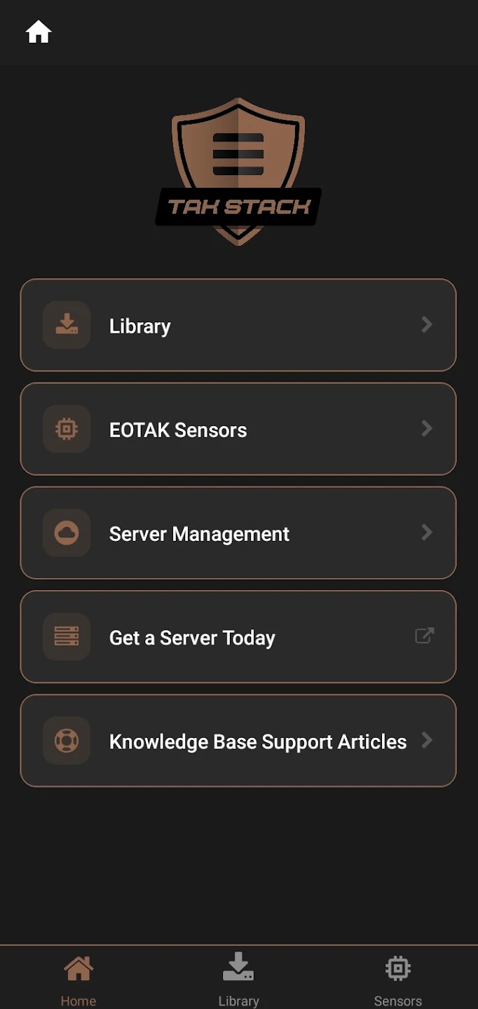 EOTAK Stack home menu with Library, EOTAK Sensors and Server Management
