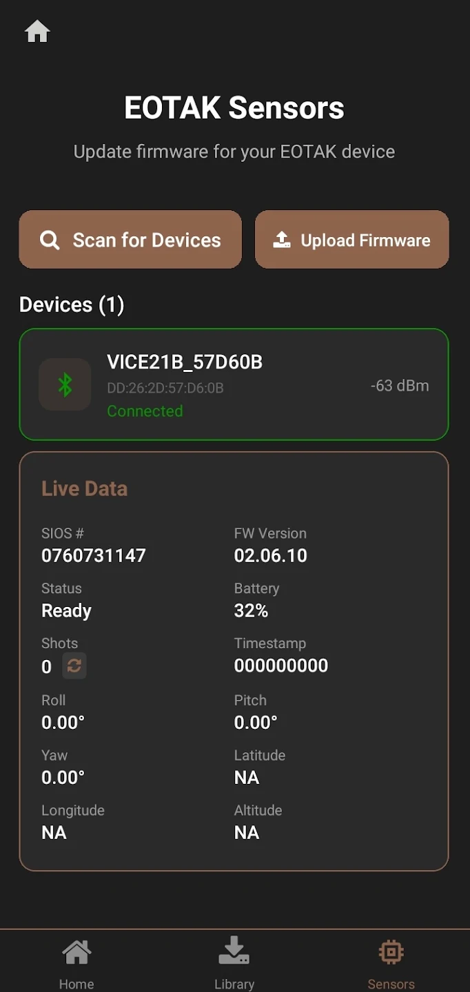EOTAK Stack sensors screen with a connected VICE module showing firmware version, battery percentage, shot count and roll, pitch and yaw