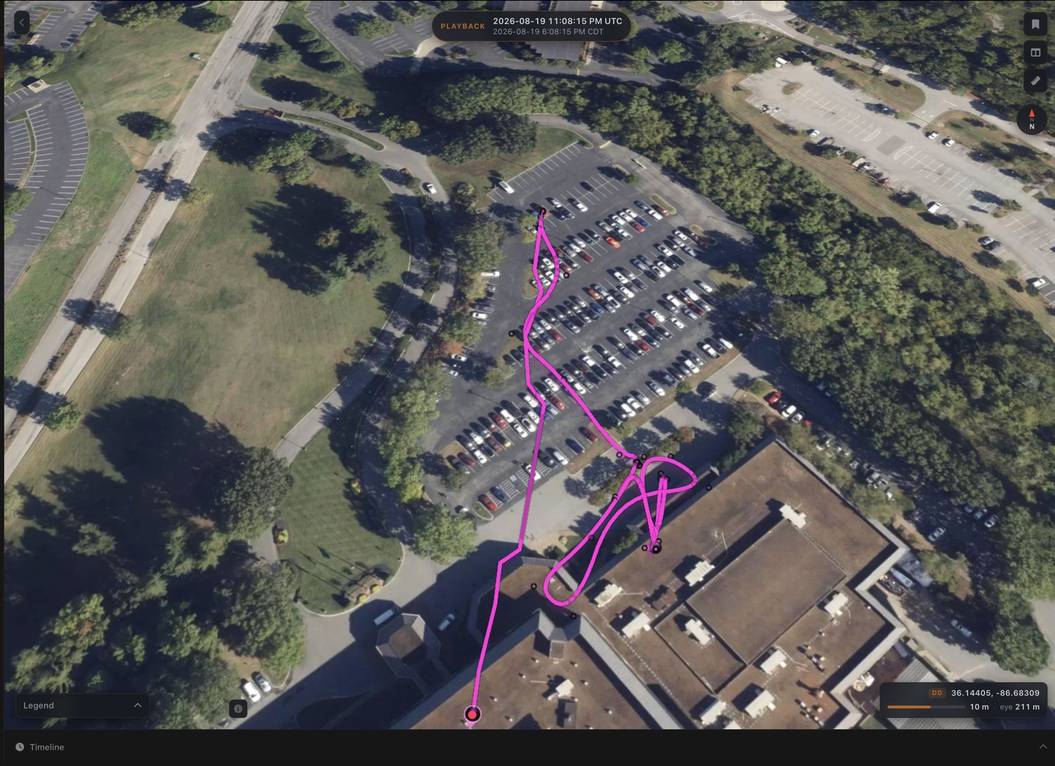 MARS zoomed to 211 metres: one callsign&rsquo;s track threading a car park and doubling back at a building entrance
