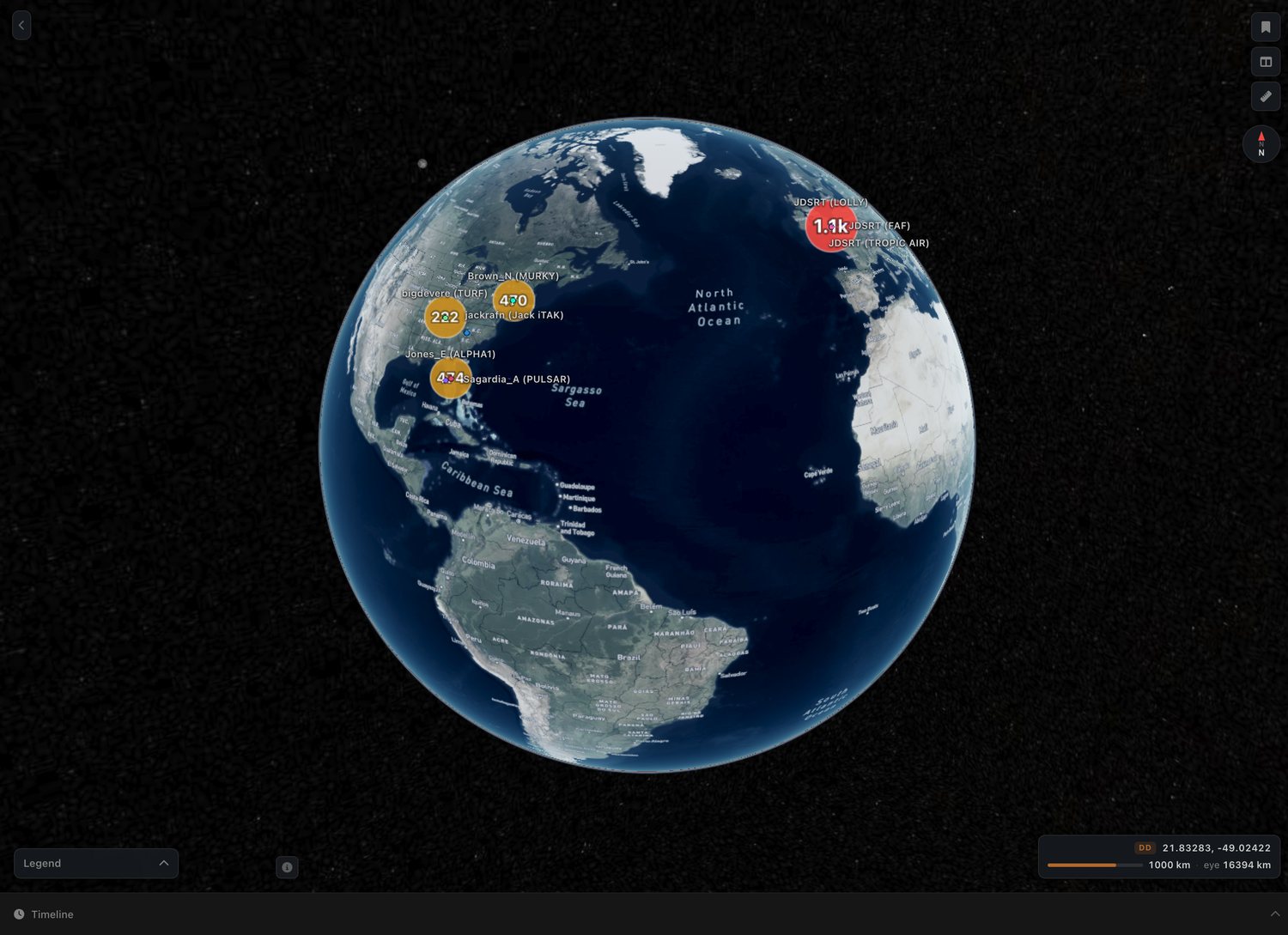 MARS at global zoom: the whole Earth with callsigns gathered into numbered clusters over the Atlantic and the Caribbean