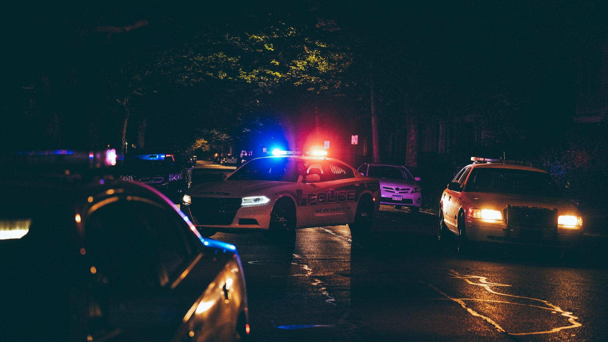 Patrol cars stopped on a residential street at night, light bars reflecting off wet asphalt